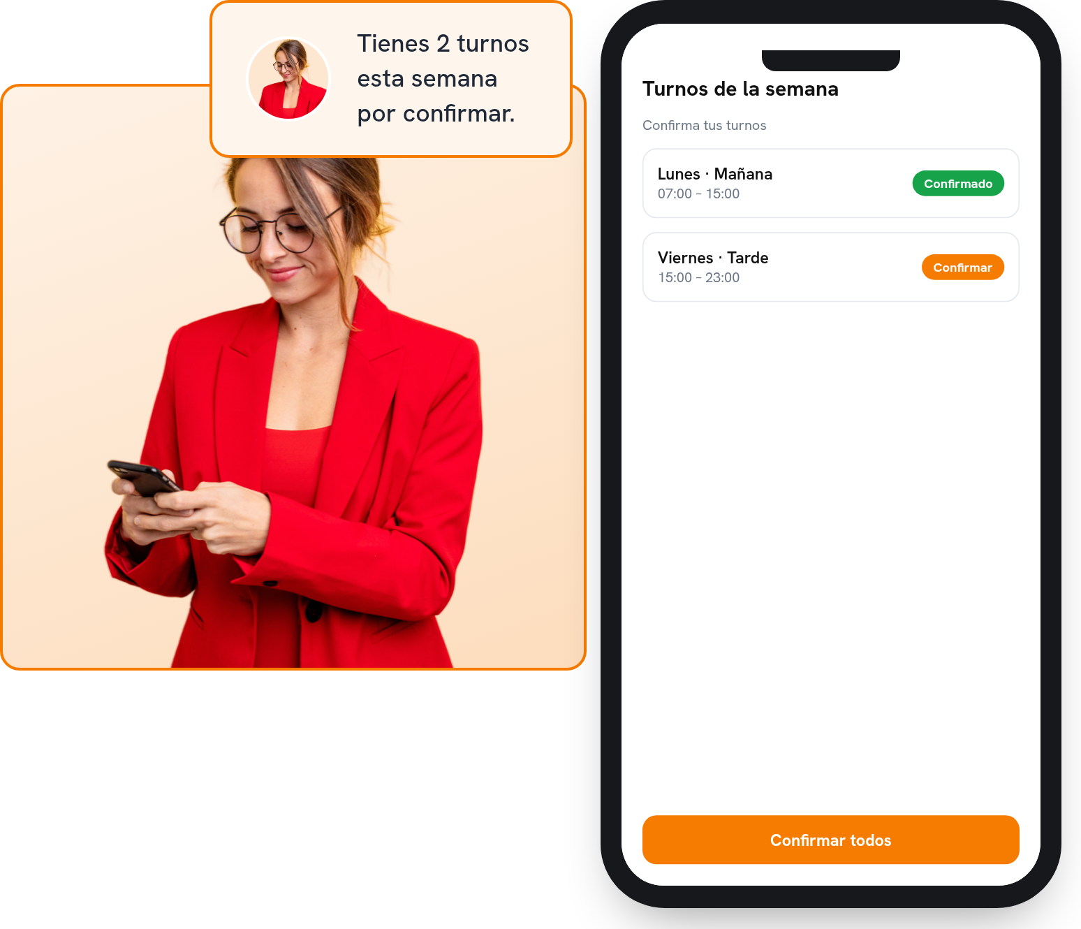 Mujer consultando en su móvil la lista de turnos de la semana con botones para confirmar