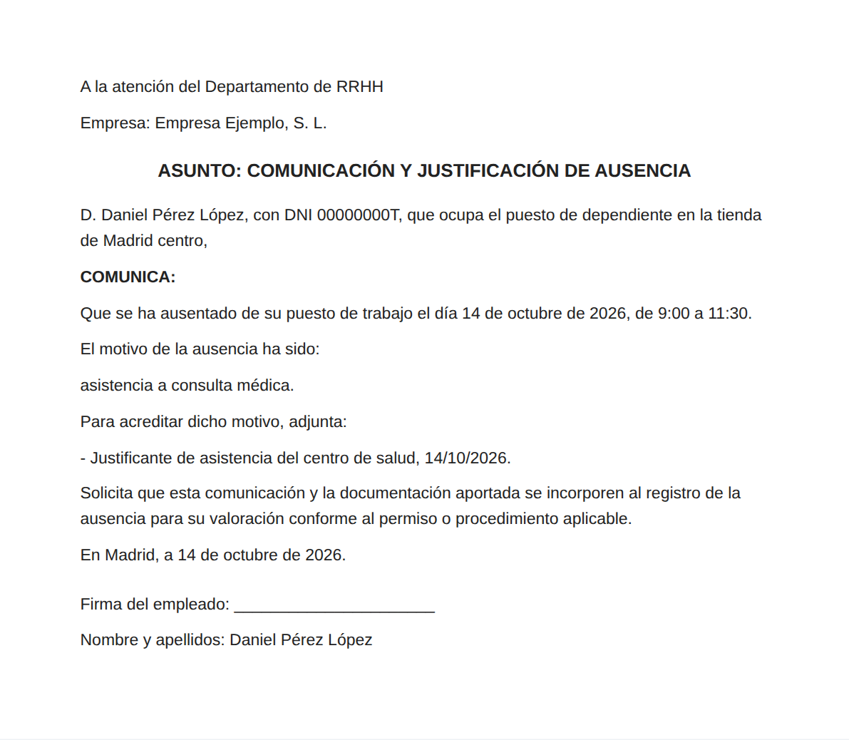 Modelo de justificante de ausencia del trabajo, rellenado con datos de ejemplo