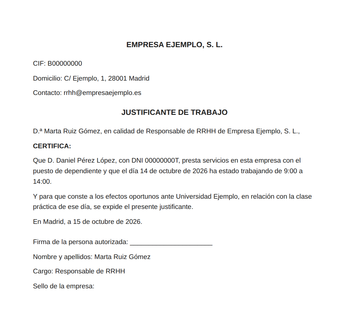 Modelo de justificante de trabajo emitido por la empresa, rellenado con datos de ejemplo