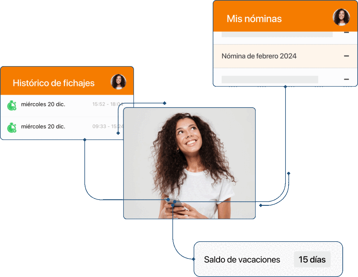 Mujer mirando pantallas de app: Mis nóminas, Histórico de fichajes y Saldo de vacaciones