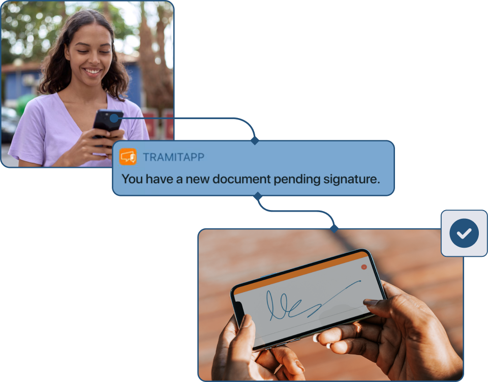 Woman receives a notification that she has a new document pending signature and signs it from her mobile.