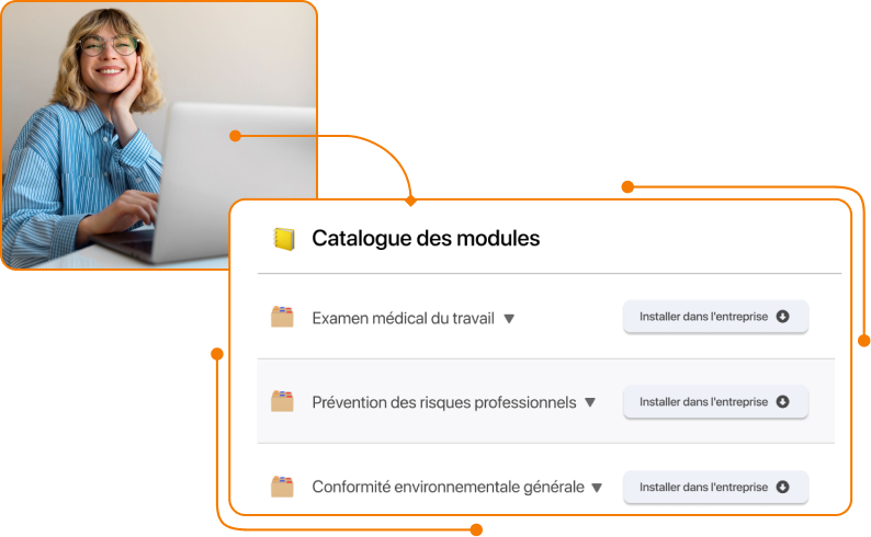 Capture d'écran de l'écran catalogue de modules et conformité avec une femme dans TramitApp