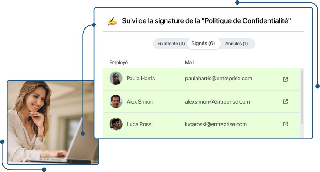 Capture d'écran du suivi de signature de la politique de confidentialité dans TramitApp