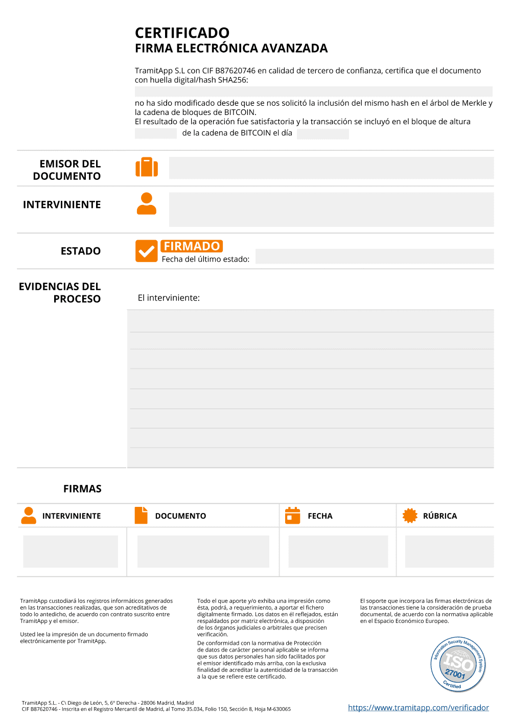 Certificado de sellado de tiempo mediante blockchain de Bitcoin