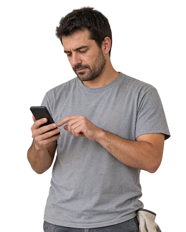 Albañil fichando la entrada en la obra desde el móvil con el software de control horario de TramitApp para la construcción