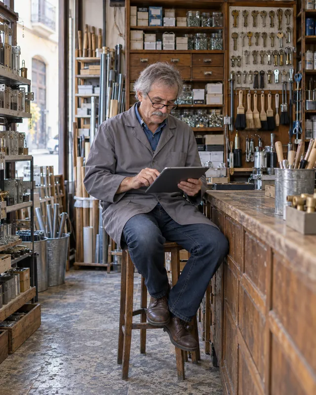 Dueño de una ferretería de barrio revisando en la tablet el control horario de su equipo con TramitApp Nano