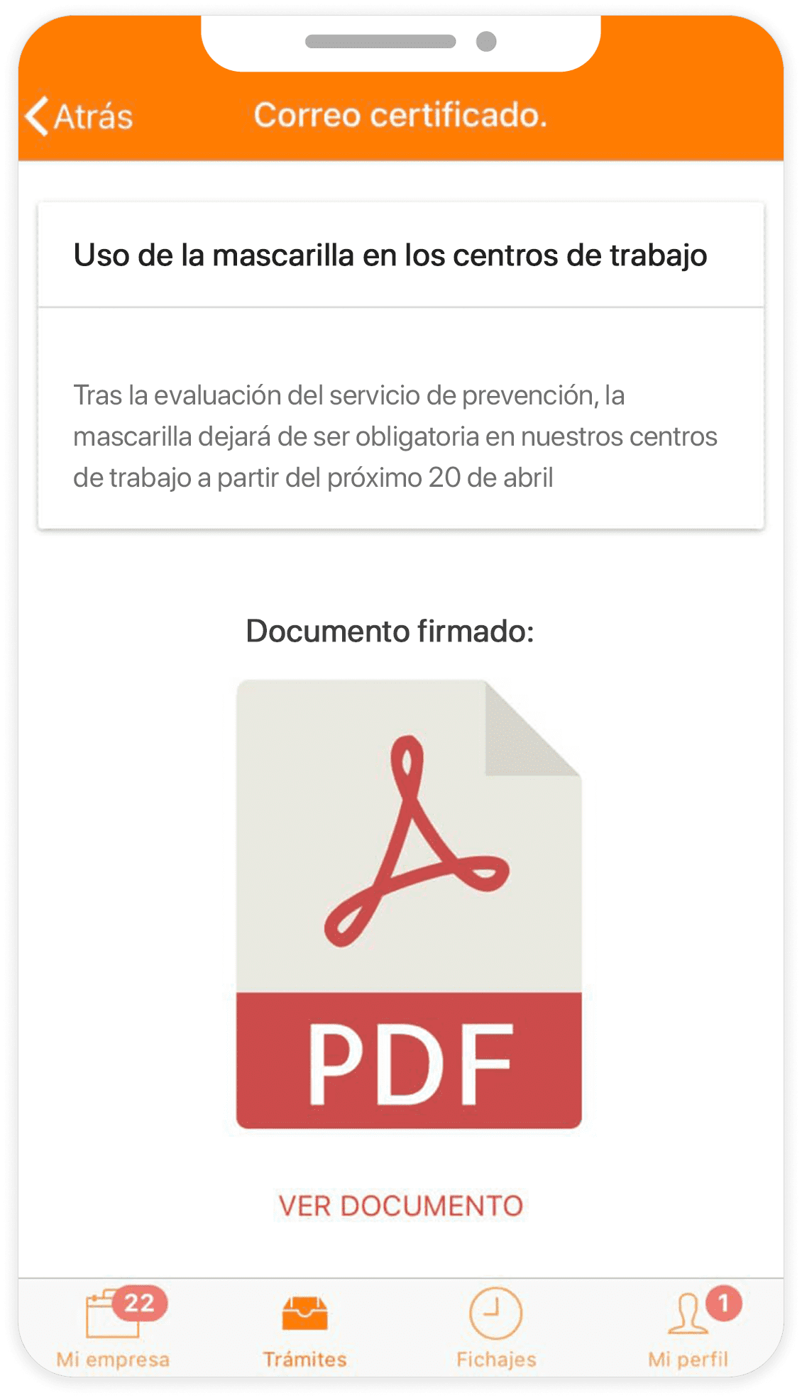 Captura del email certificado de TramitApp notificando la política de mascarilla