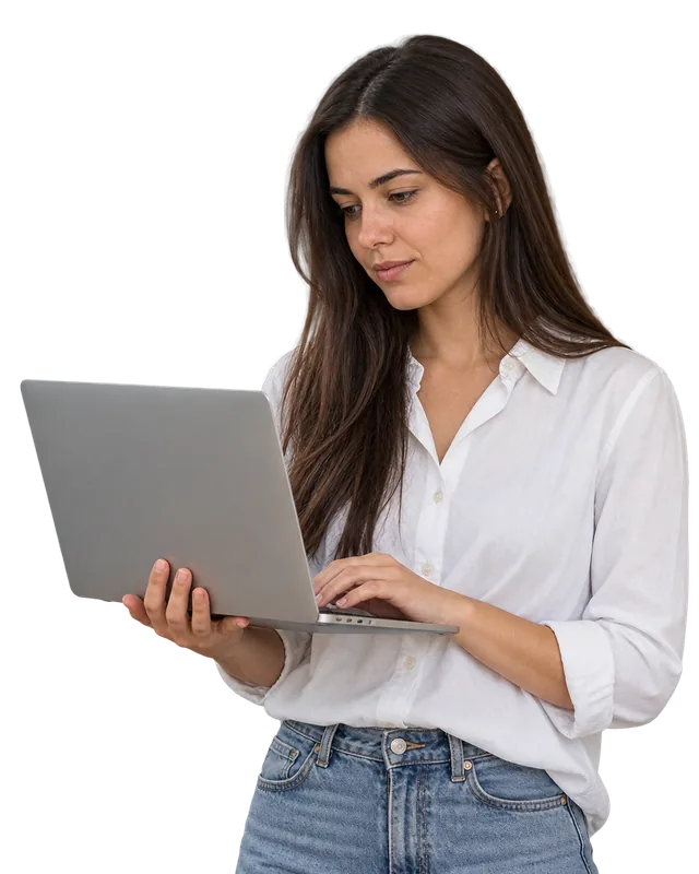 Employee completing her performance self-appraisal on a laptop with TramitApp