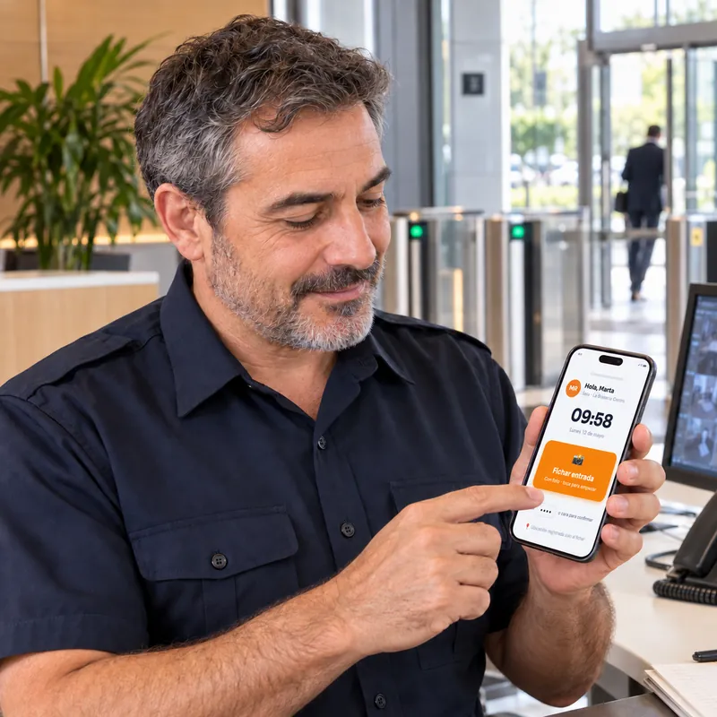 Vigilante fichando con geolocalización GPS desde el móvil con TramitApp