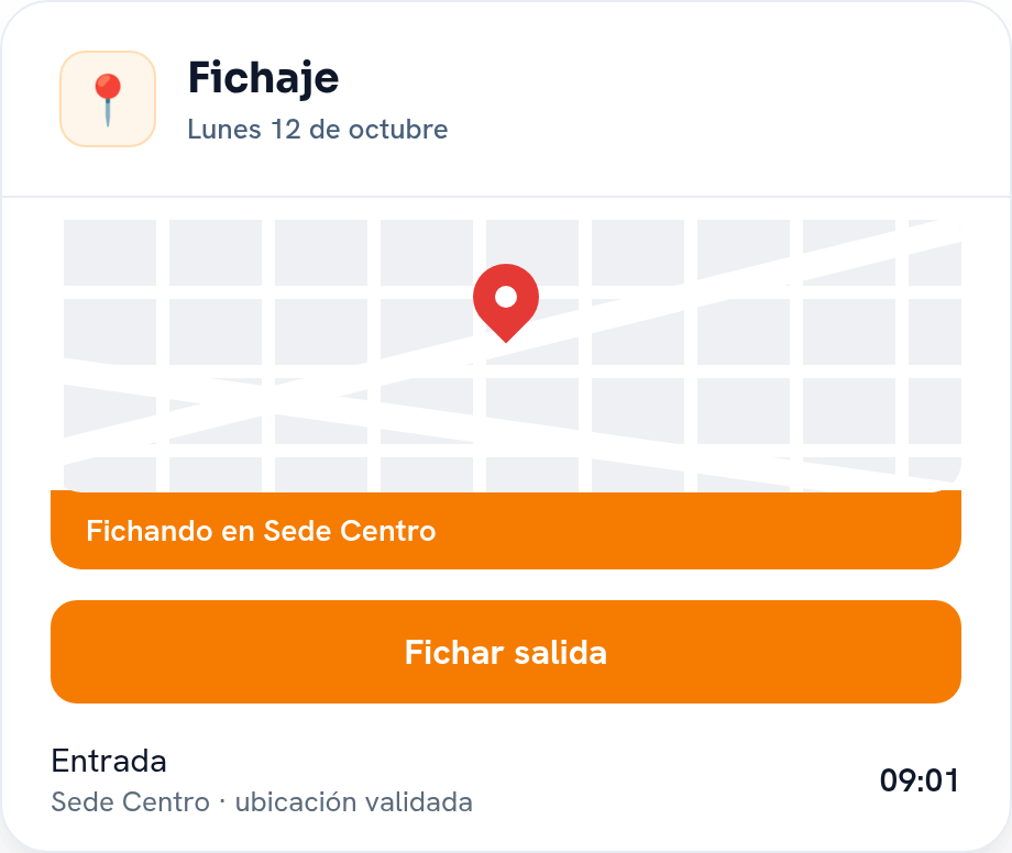 Tarjeta de fichaje geolocalizado con mapa de la sede, botón de fichar salida y registro de entradas del día