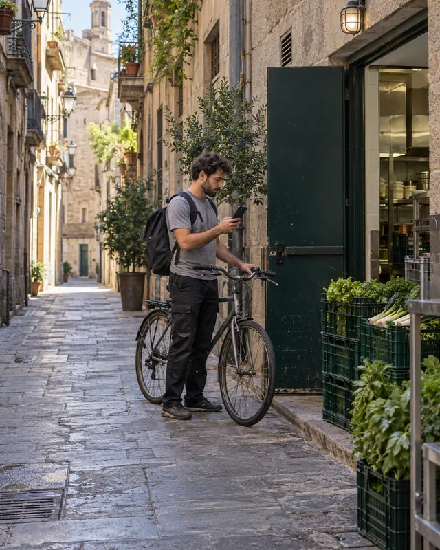Cocinero fichando con geolocalización desde el móvil al llegar en bici al restaurante con TramitApp