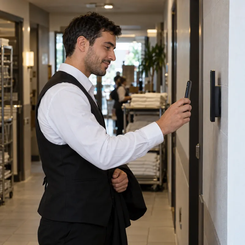 Camarero de hotel fichando con el código QR de su móvil en el kiosko de la entrada de personal con TramitApp