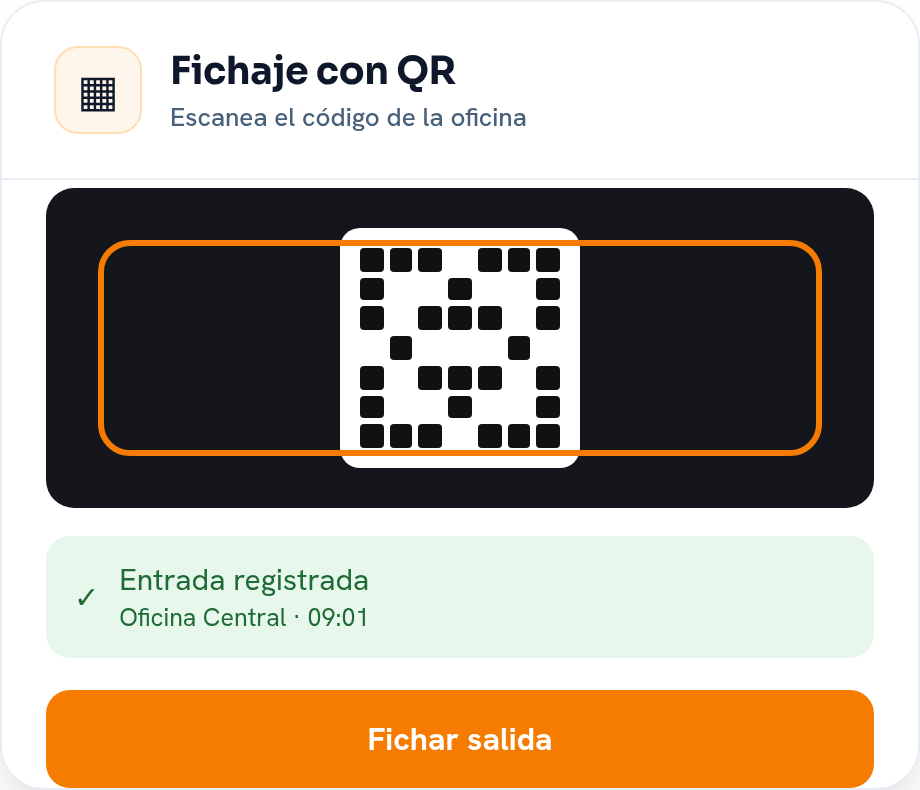 Tarjeta de fichaje con QR: visor de escaneo y registro de entrada en la oficina central