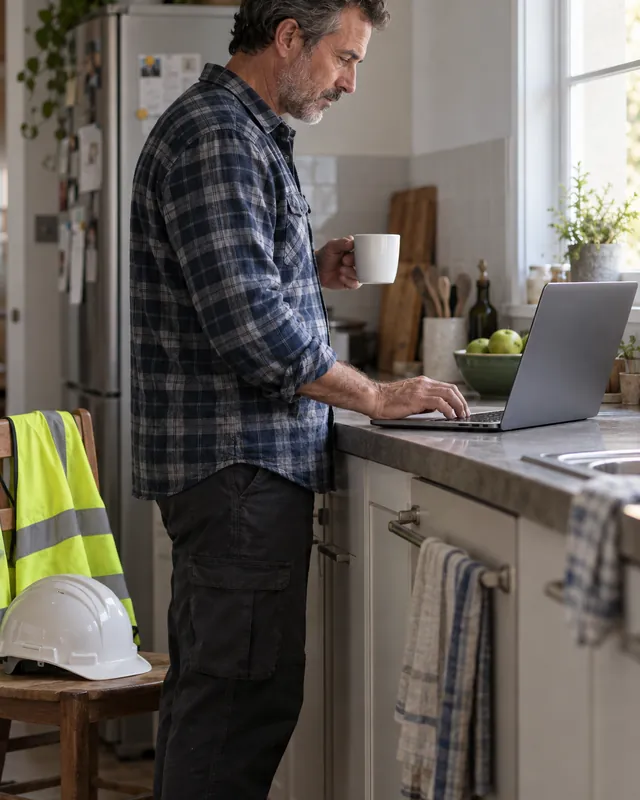 Site manager clocking in online from his laptop at home before heading to the building site with TramitApp
