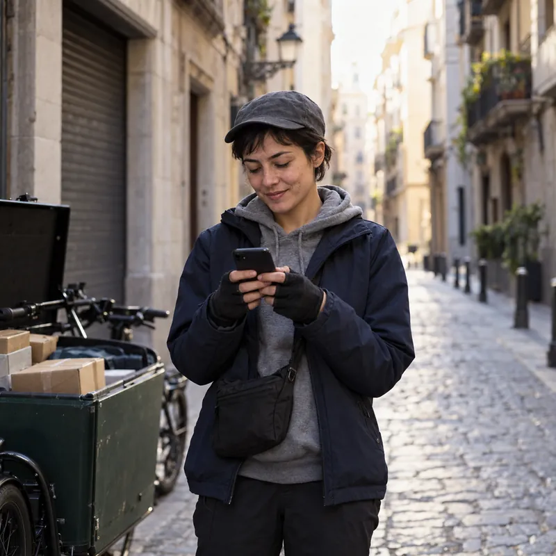 Delivery rider clocking in on WhatsApp from her phone next to her cargo bike with TramitApp