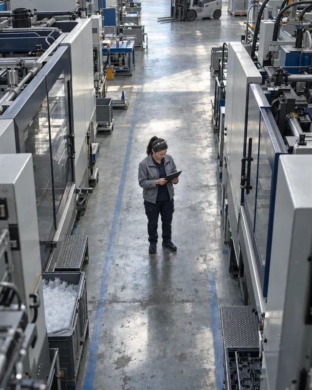 Jefa de planta consultando en la tablet los informes de control horario de TramitApp entre las máquinas