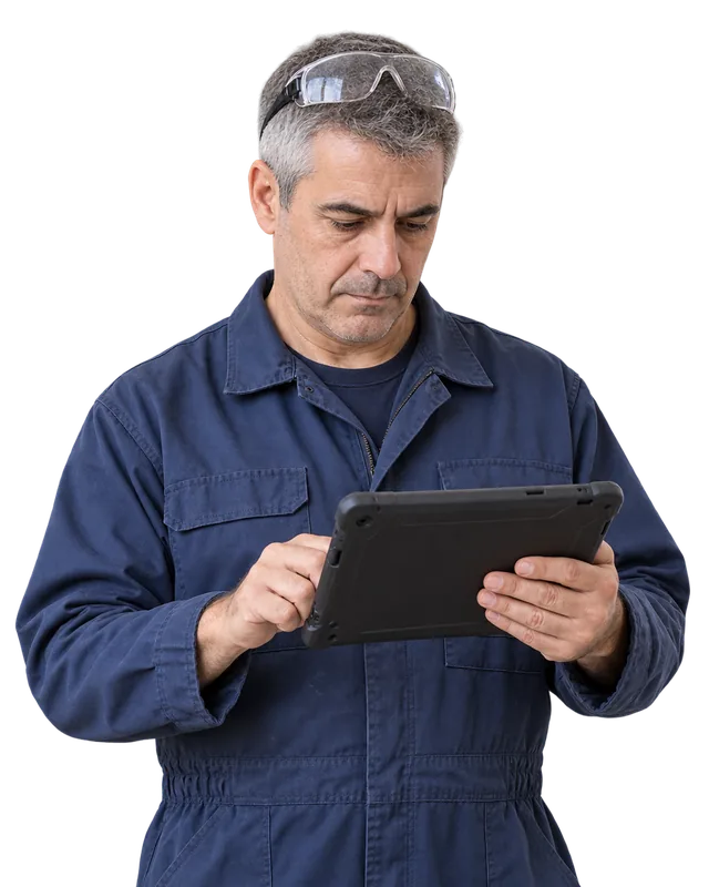 Operario con mono de trabajo firmando un documento en la tablet de TramitApp
