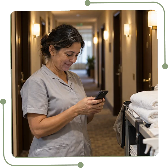 Femme de chambre consultant ses postes dans l'application mobile TramitApp