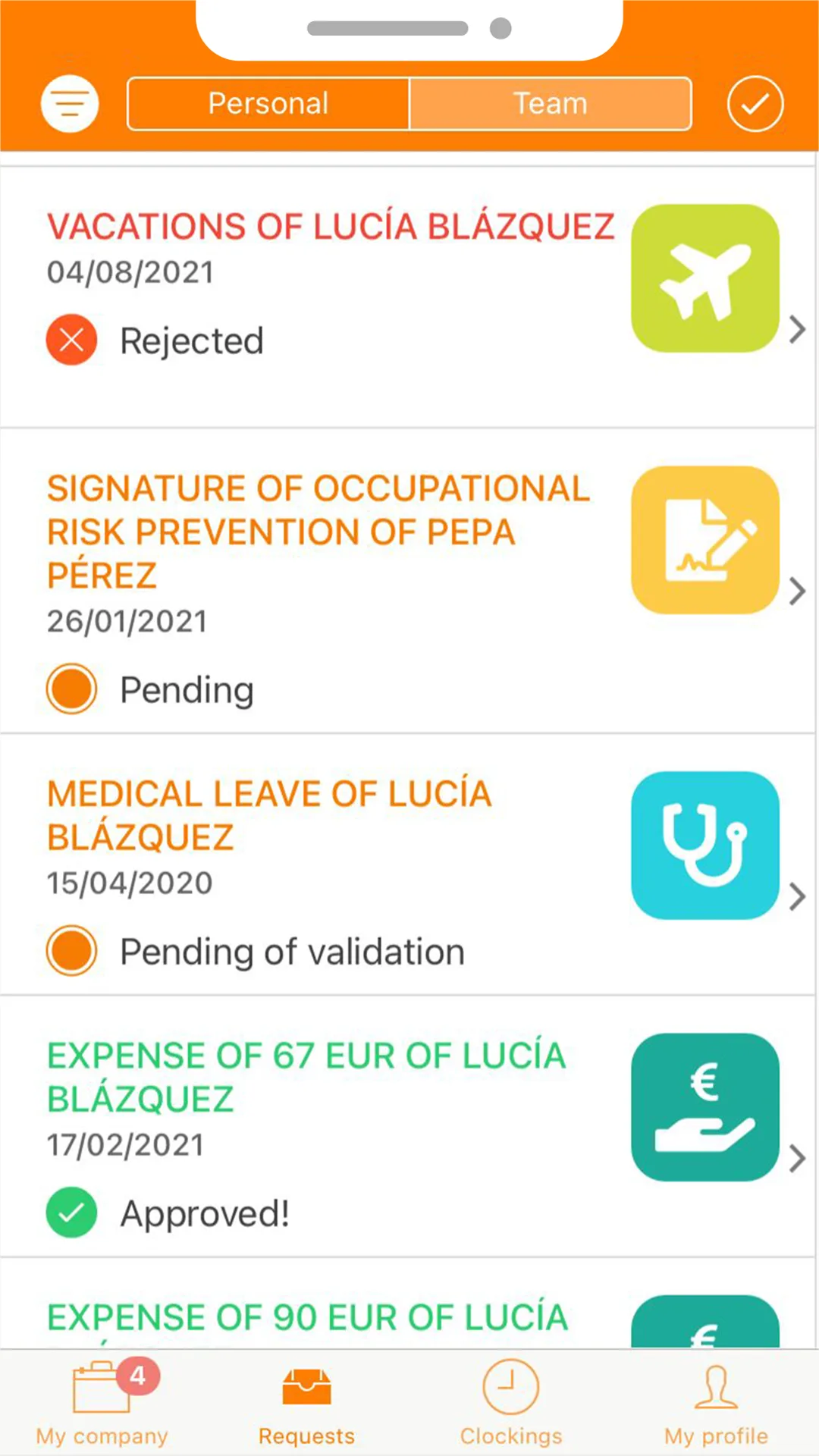 request_list_phone List of leave and absence requests on mobile in TramitApp
