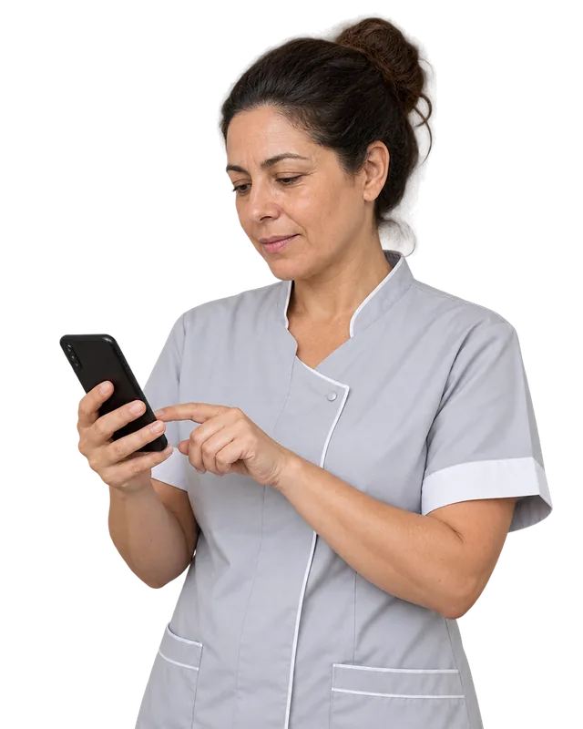 Hotel housekeeper clocking in on her phone with TramitApp