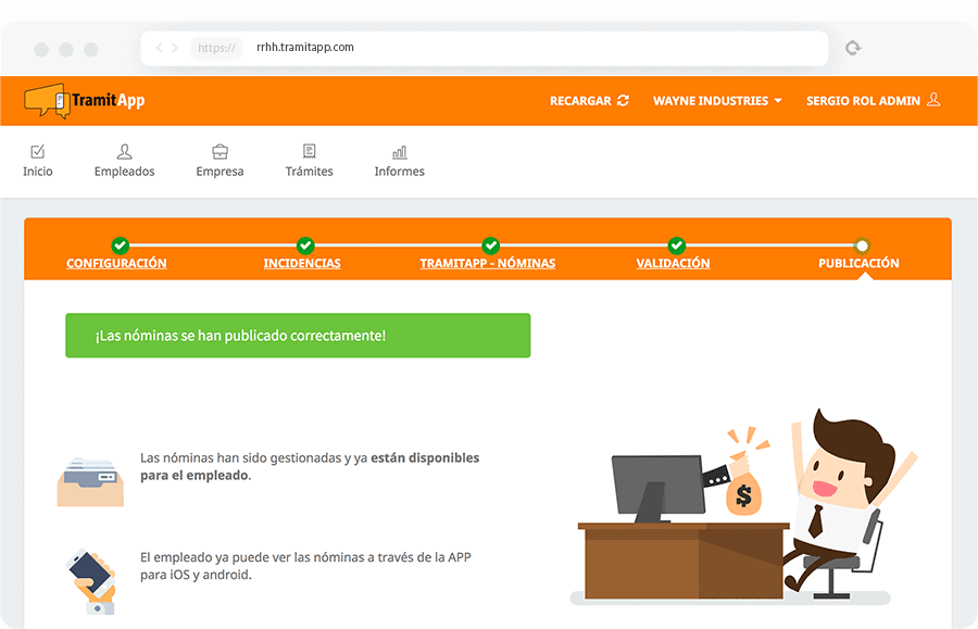Distribución fácil de Nóminas TramitApp Control Horario permite que el departamento de Recursos Humanos distribuya las nóminas