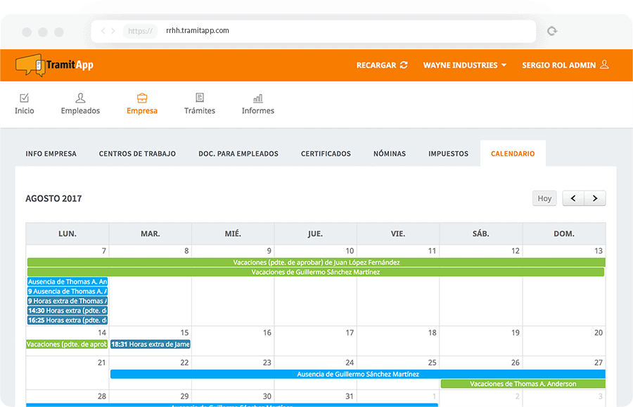 Calendario de empresa centralizado con todas las ausencias y permisos de los empleados. Filtra por tipo de ausencia, centro de trabajo o empleado TramitApp Control Horario te permite visualizar el calendario con las ausencias de los empleados