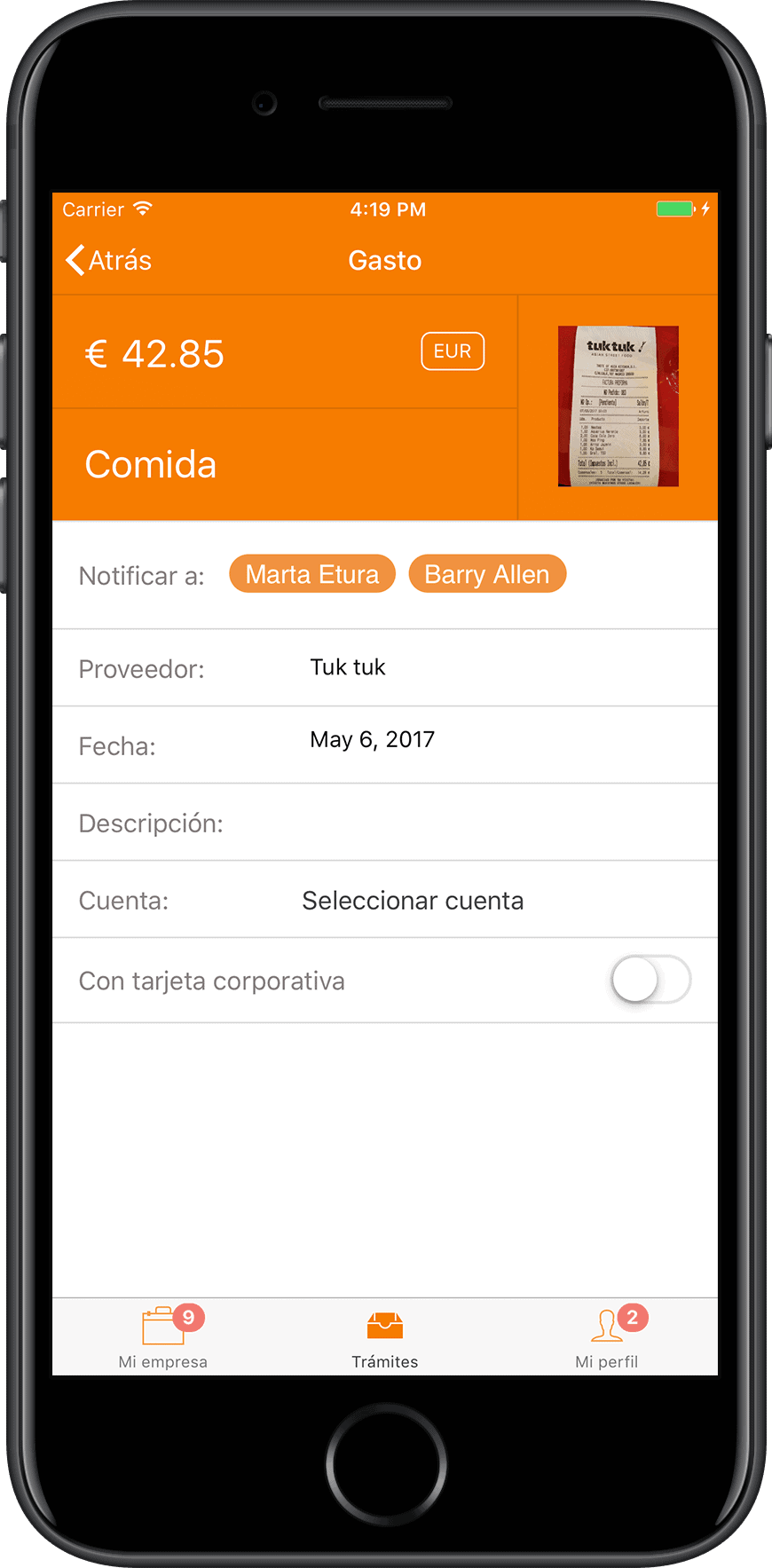 App de notas de gasto: Haz una foto y envía tus tickets de gasto desde el teléfono móvil TramitApp Control Horario te permite enviar las notas de gasto desde el móvil