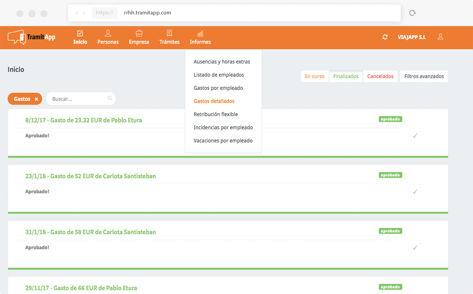Gestiona las hojas de gasto de tus empleados online TramitApp Control Horario te permita consolidar las notas de gasto automáticamente