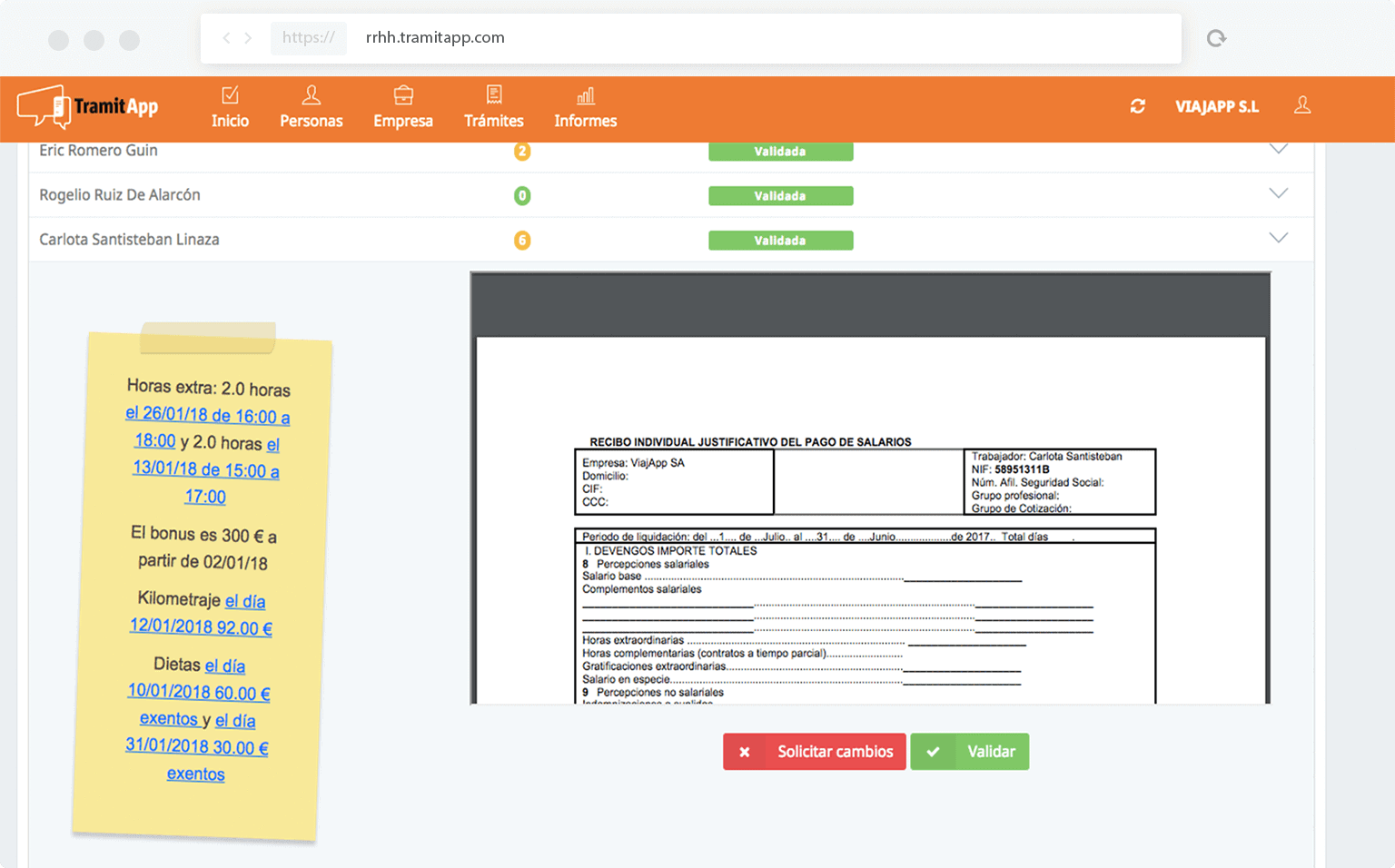 Consolida los kilometrajes y dietas automáticamente TramitApp Control Horario te permite consolidar las notas de gasto, el kilometraje y las dietas