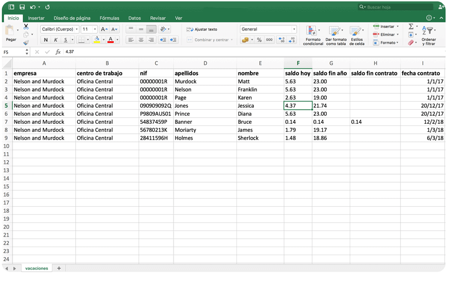 Excel del Informe de Vacaciones TramitApp Control Horario te permite generar un informe excel de vacaciones
