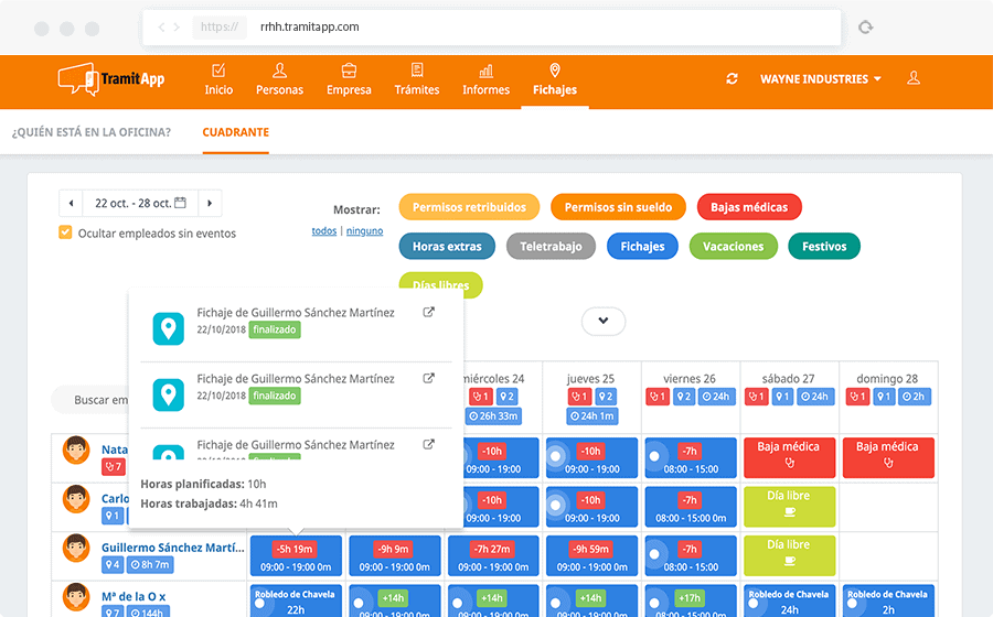 Cuadrante automático del registro horario de tus empleados TramitApp Control Horario es la app de control horario que permite ver el cuadrante automático de las horas de tus empleados.
