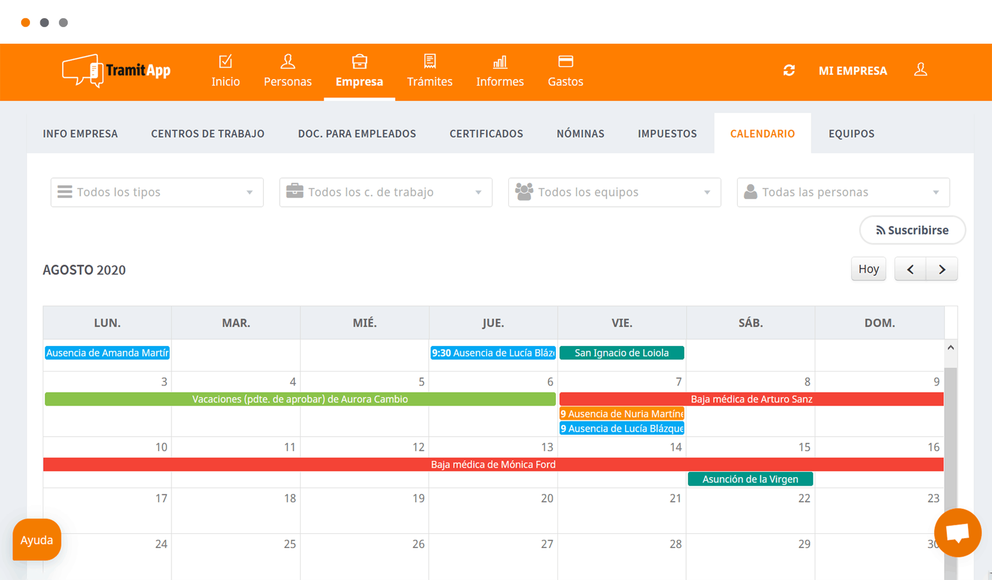 calendario_empleados TramitApp Control Horario te permite fichar en la empresa vía app móvil, web y kiosko