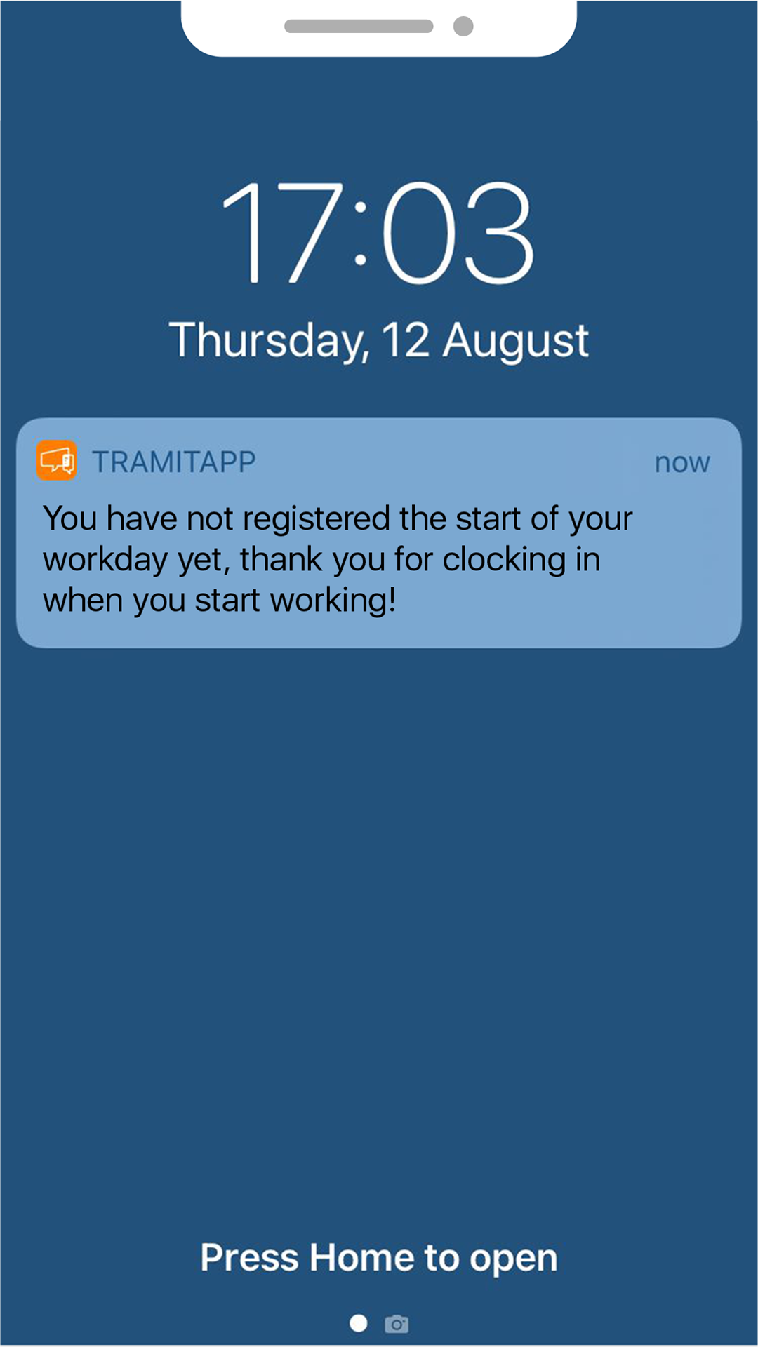 notification_clock_in TramitApp Control Horario te permite fichar en la empresa vía app móvil, web y kiosko